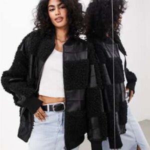 FAUX FUR & FAUX LEATHER WINTER BOMBER JACKET